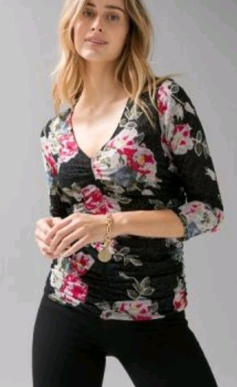 Y2K Mesh Top Floral Roses Long Sleeve V-Neck Ruched Reversible Stretch Boho M